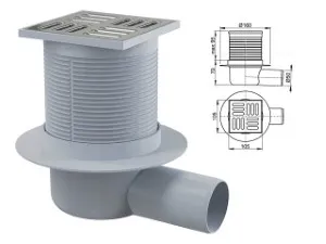 Сливной трап 105х105/50, подводка-боковая, решетка-нерж.сталь, гидрозатвор-комбинированый, Alcaplast (APV31-BL-01)