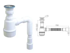 Сифон для кухни с прикручивающимся выпуском 70мм,  с гибкой трубой 1 1/2" - 40/50мм, AV Engineering