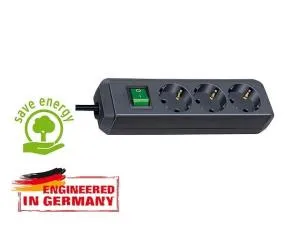 Удлинитель 5м (3 роз., 3.3кВт, с/з, выкл., ПВС) черный Brennenstuhl Eco-Line (провод 3х1,5мм2, сила тока 16А, с/з - с заземляющим контактом)